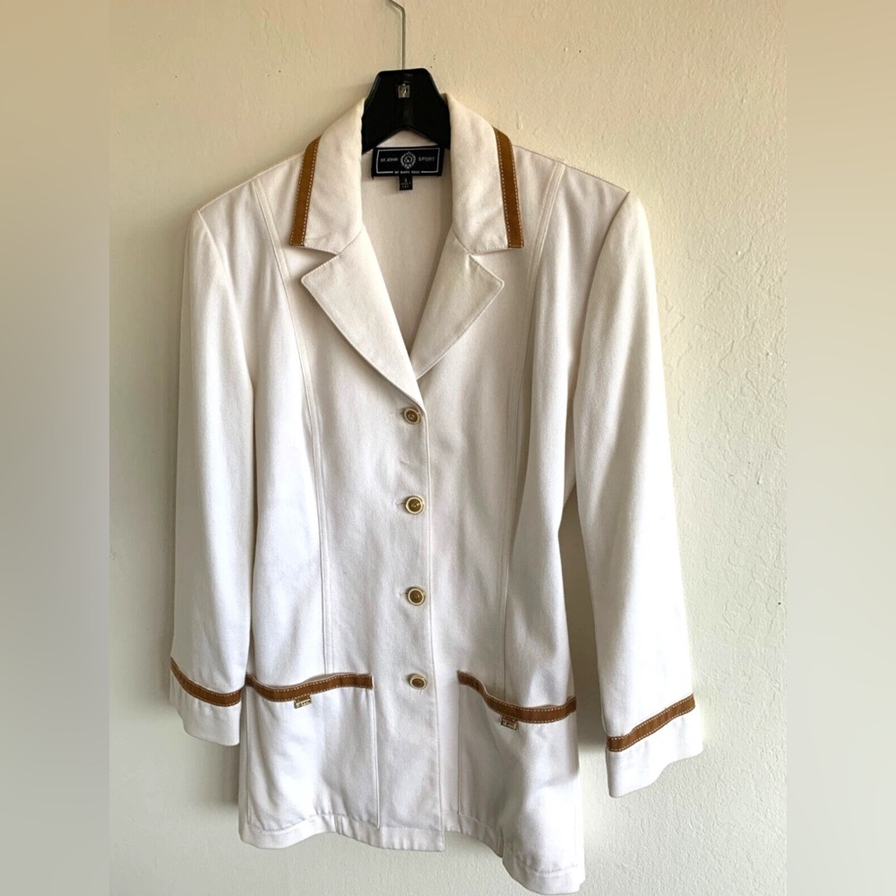 St. John Sport by Marie Gray White Blazer Jacket with Grosgrain Trim - SM
